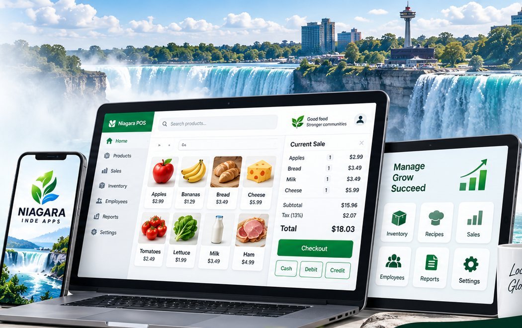 Cataratas del Niágara con un portátil, una tableta y un teléfono que muestran pantallas de ejemplo de apps para negocios